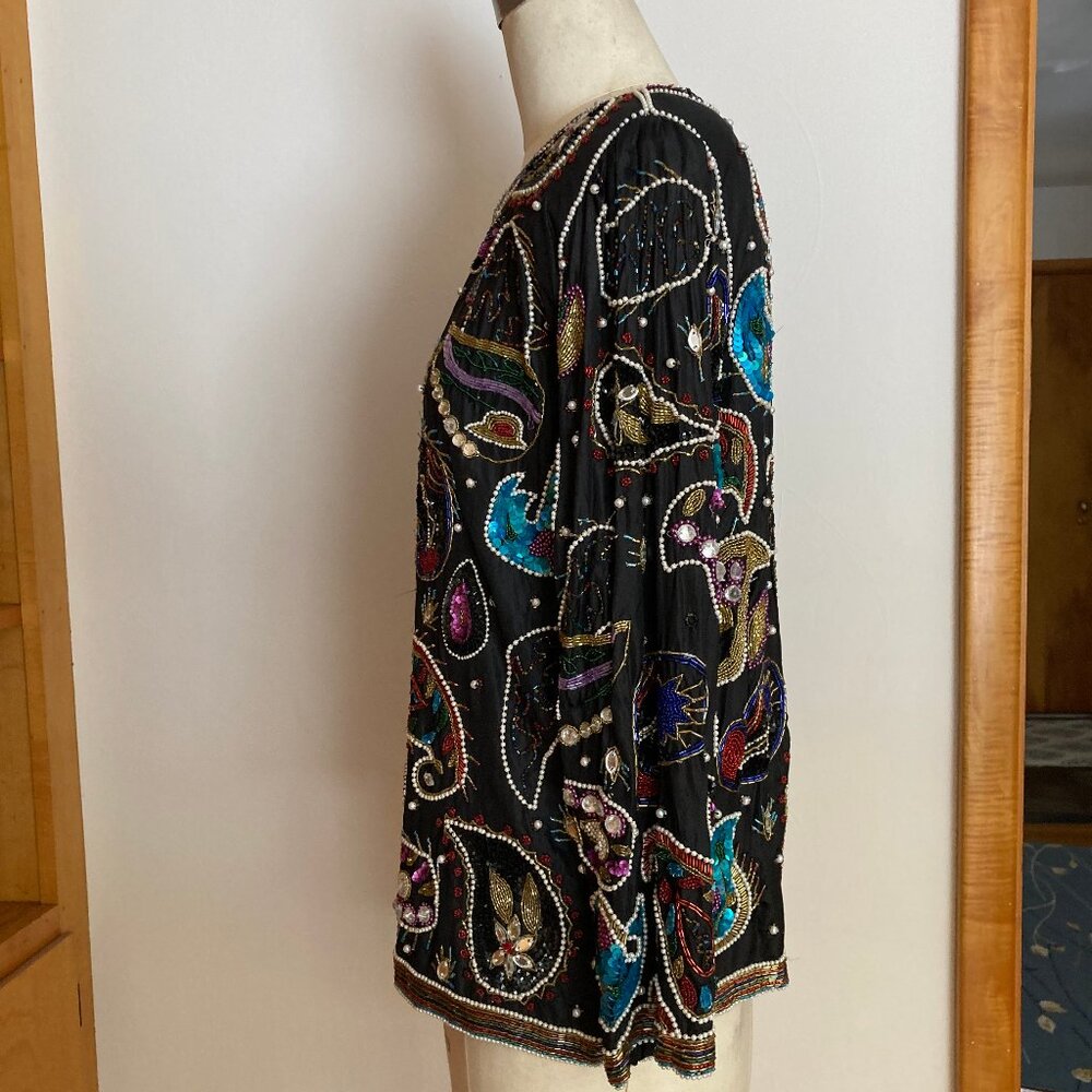 Paisley Sequin Beaded Jeweled Jacket Blue Black Multicolor - Picture 9 of 16